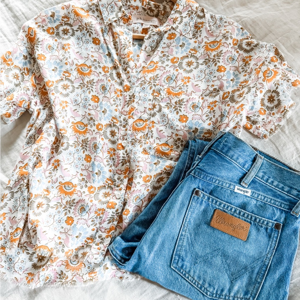 NWOT Philosophy Orange and Cream Floral Button-Down Shirt, Size Small